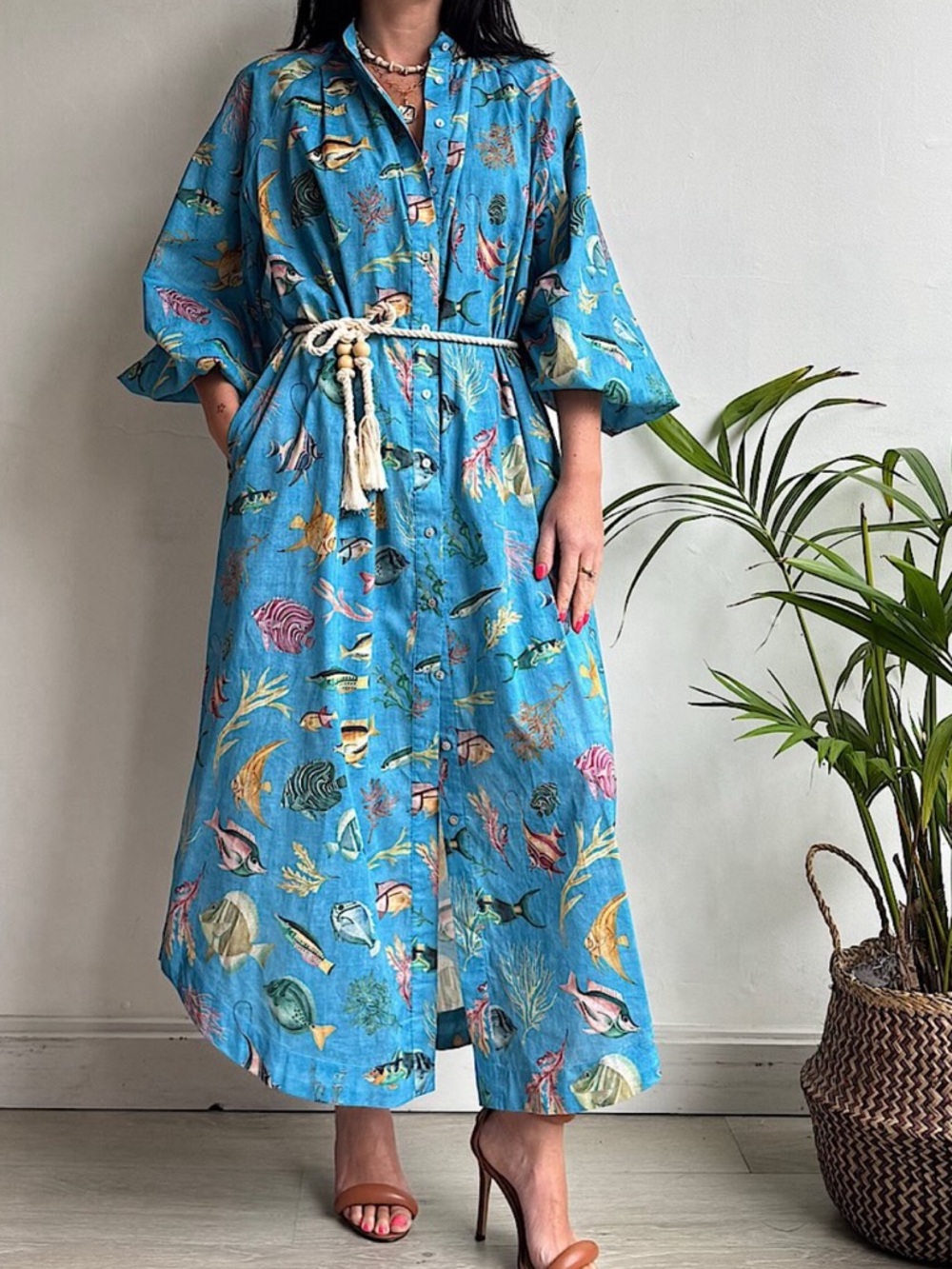 Alemais Turquoise Fish-Print Button-Front Mini Dress